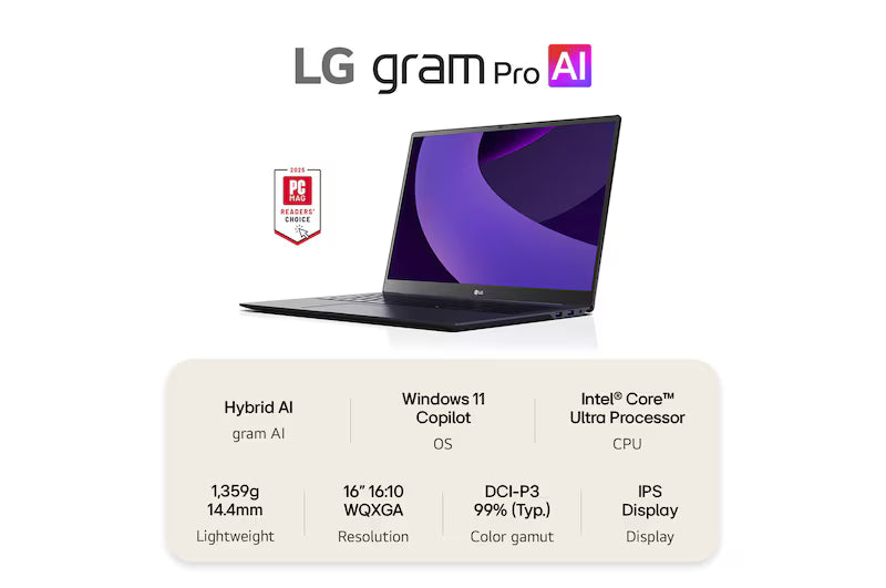 LG gram Pro 16" | 32 GB RAM | إنتل® Core™ Ultra 7 255H | gram Dual AI | نفيديا GeForce RTX 5050